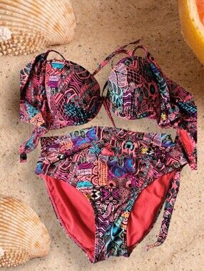 La Vie En Rose Pink Multicolor Abstract & Floral Bikini Set